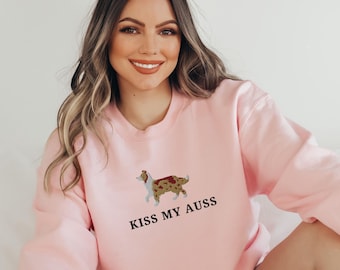 Sudadera bordada "Kiss My Auss" de pastor australiano, camiseta roja merle para mamá, pastor australiano con cola, suéter divertido para perro australiano