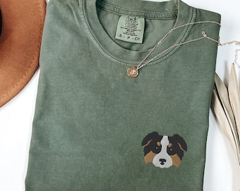 Tricolor Australian Shepherd Embroidered Comfort Colors TShirt, Cute Tri Color Aussie Shepherd T-Shirt, Aussie Dog Mom Crewneck
