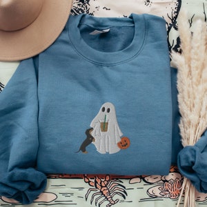 Embroidered Halloween Dachshund Sweatshirt, Ghost With Doxie Crewneck, Spooky Season, Dackel Mom Fall Shirt, Cute Ghost And Doxie Embroidery
