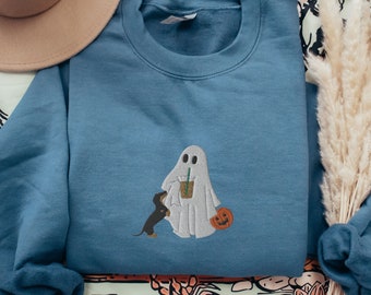 Embroidered Halloween Dachshund Sweatshirt, Ghost With Doxie Crewneck, Spooky Season, Dackel Mom Fall Shirt, Cute Ghost And Doxie Embroidery