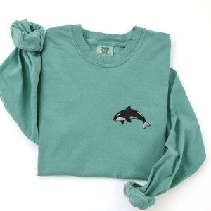 Embroidered Orca Whale Long Sleeve Shirt, Comfort Colors Killer Whale Heavy Weight Crewneck, Orca Lover Gift, Whale Embroidery Pullover
