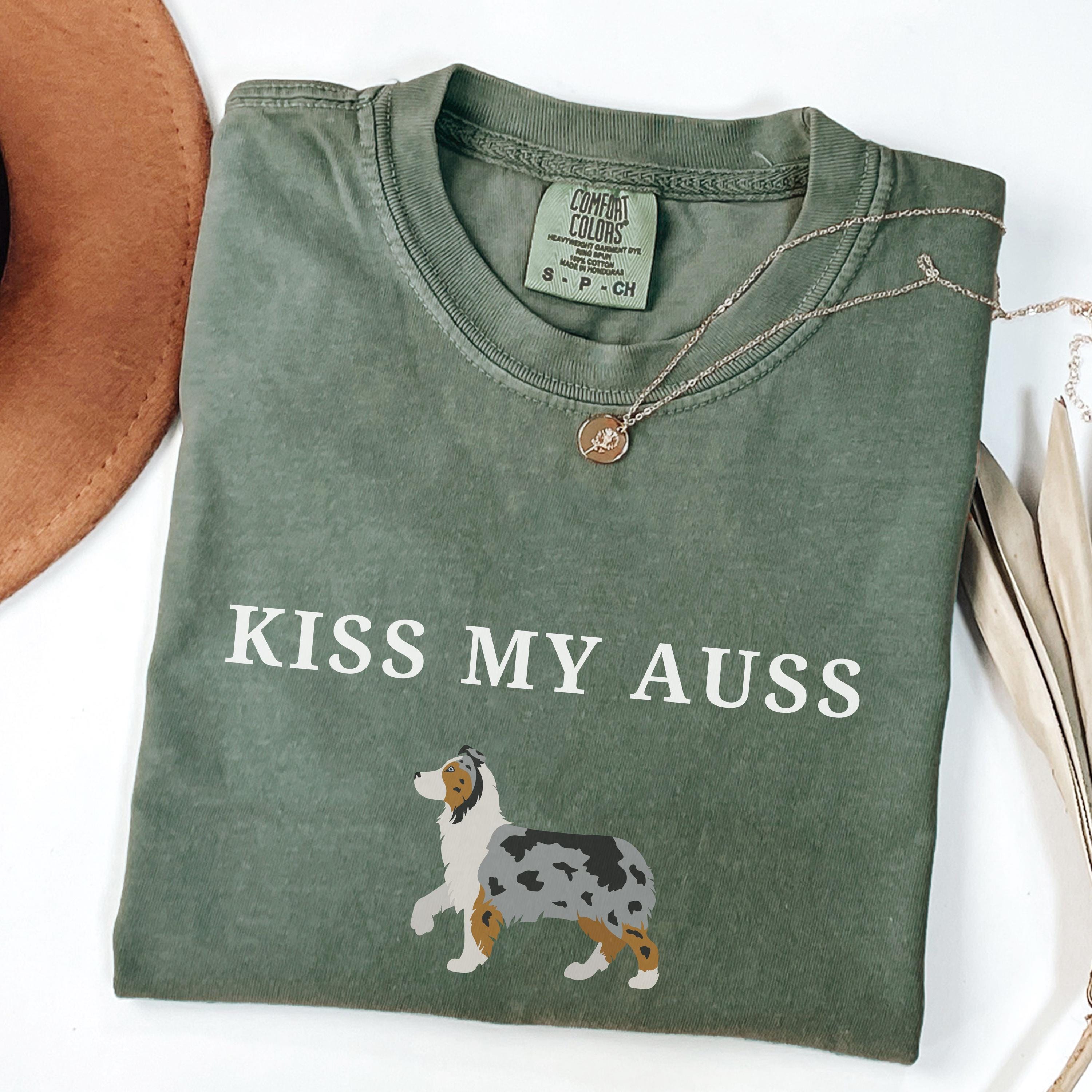 Kiss My Auss Comfort Colors Shirt, Cute Funny Australian Shepherd T-Shirt, Aussie Shepherd Dog Mom Gifts, Blue Merle Australian Shepherds