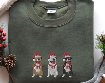 Sudadera navideña con bordado de pitbull, adorable jersey de cuello redondo con bordado de pitbull, camiseta festiva de pitbull, jersey de cuello redondo de Papá Noel con American Bully