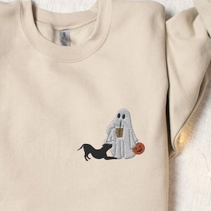 Pitbull Halloween Sweatshirt Embroidered, Cute Pit Bull With Ghost Crewneck, Spooky Season Bully Shirt, American Bully, Pitbull Mom Gifts