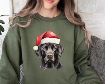Moletom natalino com estampa de Labrador Preto, Suéter com gorro de Papai Noel e estampa aquarela de Labrador Retriever preto, Moletom festivo estilo vintage com estampa de labrador, Moletom para mães de labradores pretos