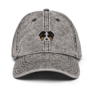 Australian Shepherd Embroidery Denim Vintage Style Baseball Cap, Embroidered Tricolor Aussie Shepherd Hat, Cute Tri Color Aussie Dog Gift