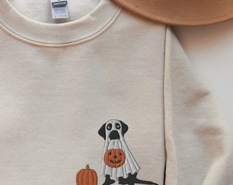 Halloween Dog Sweatshirt Embroidered, Cute Black Lab In Ghost Costume Shirt, Labrador Retriever Embroidery, Black Lab Mom Fall Sweater Gift