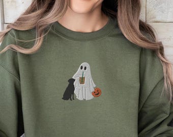 EMBROIDERED Halloween Black Lab Sweatshirt, Spooky Season Labrador Retriever Mom Sweater, Ghost Iced Coffee Lab Crewneck, Black Lab Mom Gift