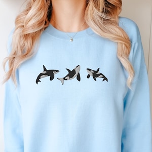 Orca Whale Embroidered Sweatshirt, Pod of Whales Crewneck, Cute Whale Trio Embroidery Killer Whale Crew Neck, Marine Shirt Ocean Lover Gift