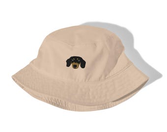 EMBROIDERED Dachshund Bucket Hat, Cute Doxie Organic Bucket Hat. Doxie Mom Gifts, Black and Tan Wiener Dog, Sausage Dog Gift, Doxie Lover