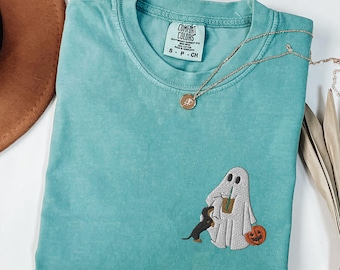 EMBROIDERED Halloween Dachshund Shirt, Spooky Season Doxie Mom TShirt, Dackel, Wiener Dog, Sausage Dog, Doxie With Ghost T-Shirt, Doxie Dad