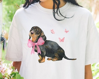 Coquette Dachshund Shirt, Comfort Colors Cute Doxie TShirt, Dackel Mom Gifts, Pink Bow Wiener Dog Crewneck, Whimsical Doxie Mama T-Shirt