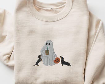 EMBROIDERED Halloween Dachshunds Sweatshirt, Ghost Sipping Iced Coffee with Two Doxies, Doxie Mom Spooky Season Sweater Crewneck, Wiener Dog