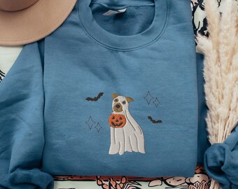 Embroidered Halloween Pitbull Sweatshirt, Cute Pit Bull In Ghost Costume Shirt, Spooky Season Staffordshire Terrier, Pitbull Mom Crewneck