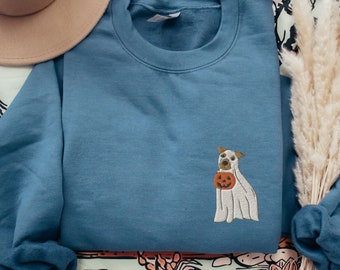 Embroidered Pitbull Halloween Sweatshirt, Pit Bull Crewneck, Pitbull In Ghost Costume Shirt, Spooky Season Pitbull Terrier Mom Gift, Pitties