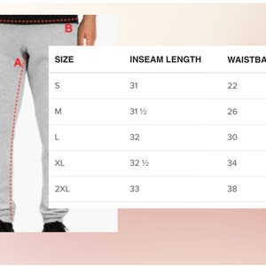 May include: Size chart for sweatpants with inseam length and waistband measurements in inches. Sizes include S, M, L, XL, and 2XL.