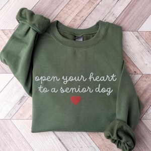 May include: Green sweatshirt with the text "open your heart to a senior dog" in white lettering and a red heart.