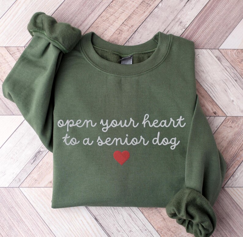 May include: Green sweatshirt with the text "open your heart to a senior dog" in white lettering and a red heart.