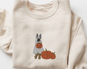 Sudadera de Halloween con bordado de pastor alemán, camisa de calabazas con disfraz de fantasma de pastor alemán, suéter de cuello redondo para mamá de pastor alemán de temporada espeluznante, suéter de perro fantasma