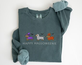 EMBROIDERED Halloween Dachshund Comfort Colors Sweatshirt, Happy Halloweenie Doxie Mom Shirt, Spooky Season Wiener Dog Sweat Shirt