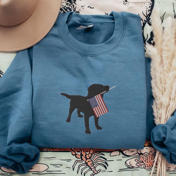 Embroidered Black Lab Sweatshirt, Labrador Retriever With USA Flag Embroidery, Patriotic Dog Mom Crewneck, Lab Mom July 4th Shirt Embroidery