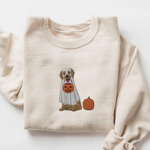 EMBROIDERED Golden Retriever Halloween Sweatshirt, Cute Golden Ghost Sweater, Retriever Mom Spooky Season Crewneck Shirt, Pumpkin and Dog