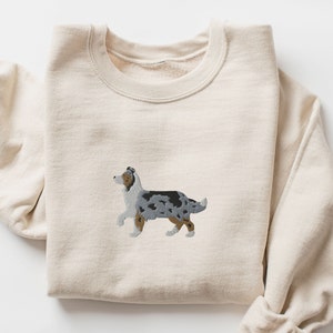 Embroidered Australian Shepherd with Tail Sweatshirt, Blue Merle Aussie Shepherd With Tail Embroidery Crewneck, Aussie Dog Mom Shirt Gift