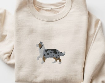 Geborduurde Australische herder met staart Sweatshirt, blauwe Merle Aussie herder met staart borduurwerk Crewneck, Aussie Dog Mom Shirt cadeau