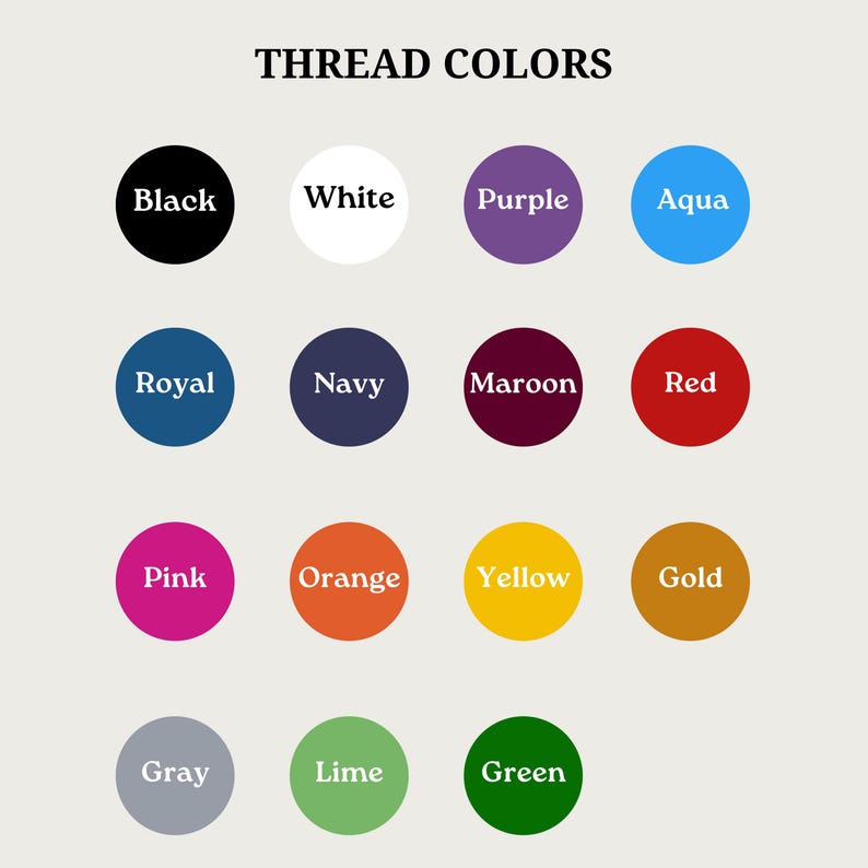 Może przedstawiać: Karta kolor&oacute;w zatytułowana "THREAD COLORS" przedstawia r&oacute;żne kolory nici. Kolory są ułożone w okrągłych pr&oacute;bkach, w tym czarny, biały, fioletowy, aqua, kr&oacute;lewski, granatowy, bordowy, czerwony, r&oacute;żowy, pomarańczowy, ż&oacute;łty, złoty, szary, limonkowy i zielony.