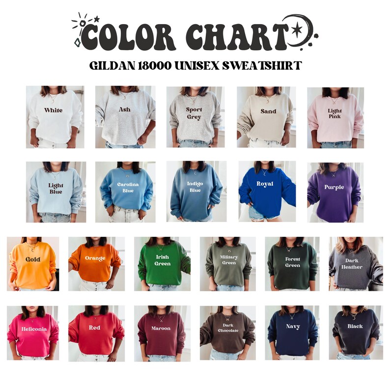 May include: Colour chart displaying 24 different colours of Gildan 18000 unisex sweatshirts. The colours include white, ash, sport grey, sand, light pink, light blue, carolina blue, indigo blue, royal blue, purple, gold, orange, irish green, military green, forest green, dark heather, heliconia, red, maroon, dark chocolate, navy, and black.