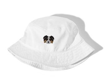 Aussie Shepherd Bucket Hat, Embroidered Australian Shepherd Organic Bucket Hat, Aussie Shepherd Mom Gifts, Tricolor Aussie Summer Hats