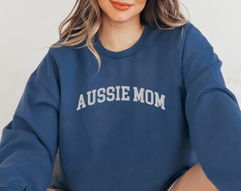 Embroidered Aussie Mom Sweatshirt, Varsity Style Australian Shepherd Embroidery Crewneck, Aussie Shepherd Mom Gifts, Aussie Dog Mom Sweater
