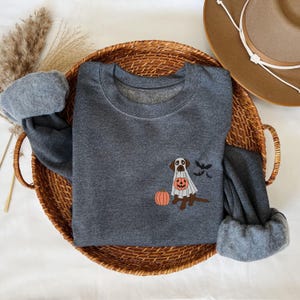 May include: A dark grey sweatshirt featuring a cute illustration of a dog dressed as a ghost holding a pumpkin. The dog is wearing a white ghost costume with a jack-o'-lantern face. The dog is standing next to a small orange pumpkin.