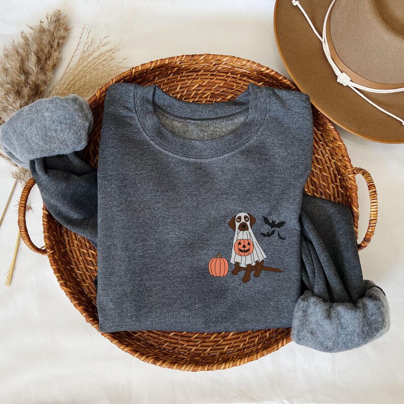 May include: A dark grey sweatshirt featuring a cute illustration of a dog dressed as a ghost holding a pumpkin. The dog is wearing a white ghost costume with a jack-o'-lantern face. The dog is standing next to a small orange pumpkin.
