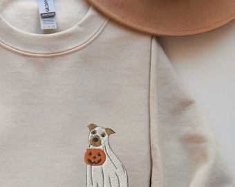 Embroidered Dog Halloween Sweatshirt, Pit Bull Crewneck, Pitbull Ghost Costume Shirt, Spooky Season Dog Ghost Sweater, Pitbull Mom Gifts