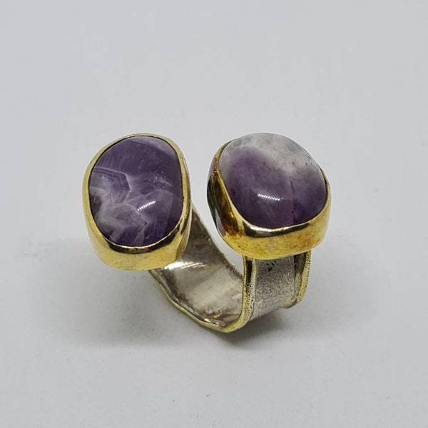 Natural Raw Amethyst Silver Ring in 2 tones, Sterling Silver 925,Natural Raw Amethysts, Dual Ring, Double Statement Ring,February birthstone