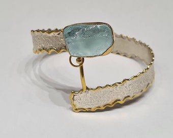 Natural Raw Aquamarine Bangle in 2-tone Sterling Silver 925,  Unpolished Natural Aquamarine Gemstone, March birthstone, rough cut gemstones