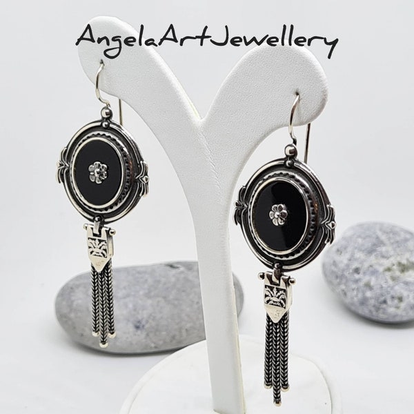 Black Onyx Earrings in Sterling Silver 925 ,Vintage style Dangle Earrings,Long earrings,Greek handmade Jewelry, boucles d'oreilles ethniques
