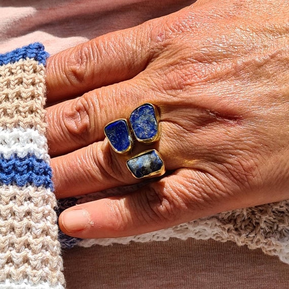 Natural Raw Lapis Lazuli Ring in 2 tone Solid Silver 925 Natural