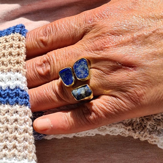 Vintage Solid 14K Gold Natural Lapis Lazuli Wide Band Ring, Sz 9 – Boylerpf