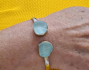Natural Raw Aquamarine Bangle in 2-tone Solid Silver 925, Open Bangle, Adjustable bangle,  Natural Raw Gemstone Jewelry, March birthstone
