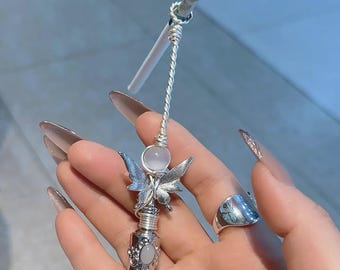 Handmade Fairy Wand Cigarette Holder,Wire Wrapped Silver Tobacciana Accessory with Butterfly,Boho Fantasy Fairycore Gift
