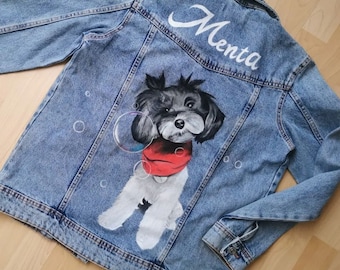 Custom pet potrait on denim jacket - handmade - made to order