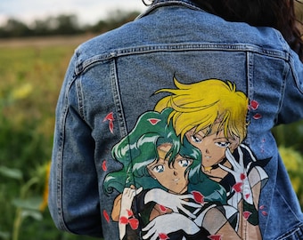 Sailor moon Sailor Uranus and Sailor Neptune made to order - hand painted custom denim jean jacket