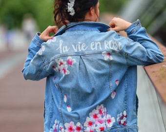 Cherry blossom floral romantic style hand painted custom denim jacket