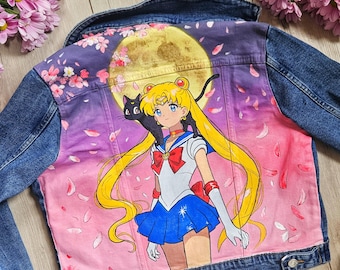 Chaqueta vaquera de Sailor Moon pintada a mano con Luna Cat – Chaqueta vaquera de anime personalizada