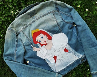 Disney Ariel little mermaid wedding bridal bride custom hand painted denim jacket