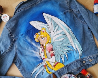 Chaqueta vaquera personalizada pintada a mano de Sailor Moon Usagi hecha a medida.