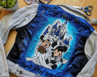 Disney wedding Mickey and Minnie with castle - custom hand painted  bride denim jean jacket