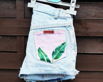 Custom hand painted high waist denim unique shorts with tropical leaf monstera pattern